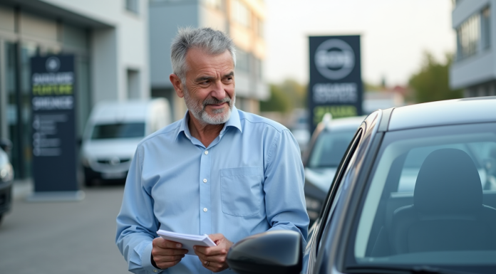 Homme d'âge moyen inspectant une voiture d'occasion en concession