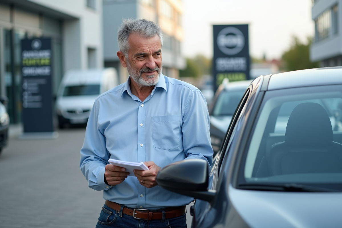Homme d'âge moyen inspectant une voiture d'occasion en concession