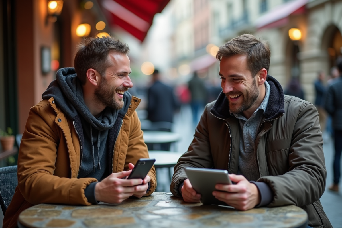 Deux hommes discutant dans un café en plein air