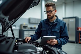 Jeune ingénieur automobile examinant un moteur avec tablette