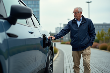 Ingénieur examinant une voiture à hydrogene en plein air