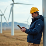 Ingénieur homme à la windbreaker près d'une éolienne moderne