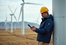 Ingénieur homme à la windbreaker près d'une éolienne moderne