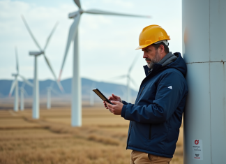 Énergie renouvelable : quel type est le plus durable ? Comparatif Ingénieur homme à la windbreaker près d'une éolienne moderne