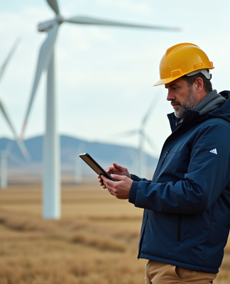 Ingénieur homme à la windbreaker près d'une éolienne moderne