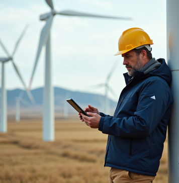 Énergie renouvelable : quel type est le plus durable ? Comparatif Ingénieur homme à la windbreaker près d'une éolienne moderne