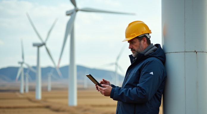 Ingénieur homme à la windbreaker près d'une éolienne moderne