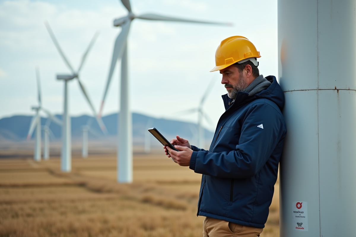 Ingénieur homme à la windbreaker près d'une éolienne moderne
