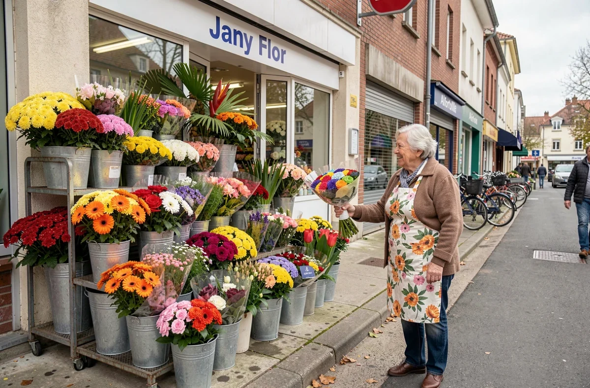 Fleuriste de Jany Flor à Alfortville remettant un bouquet coloré à une cliente devant l'étalage extérieur de la boutique