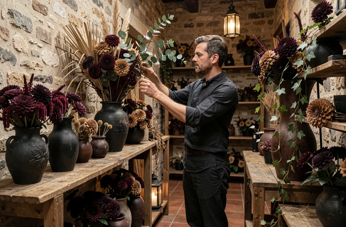 Intérieur de la boutique Les Jardins d'Ombre et Lumière à Saint-Maur-des-Fossés avec des compositions florales sculpturales en dahlia et amarante