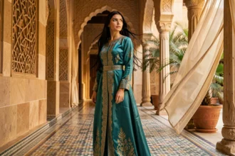 Jeune femme en tenue de princesse orientale turquoise dans un palais aux arches en pierre sculptée, inspirée du personnage de Jasmine Disney