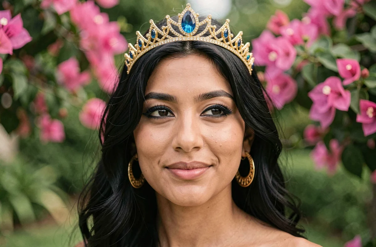 Portrait rapproché d'une jeune femme aux traits orientaux portant un diadème doré et des bijoux inspirés de la princesse Jasmine de Disney