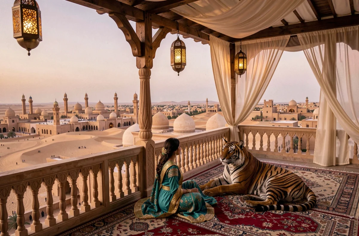 Terrasse de palais oriental au crépuscule avec une jeune femme en costume de princesse Jasmine assise près d'un tigre regardant la cité du désert