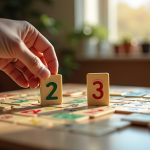 Main tenant deux jetons joker sur un plateau de Rummikub lumineux