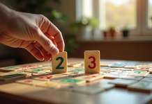 Main tenant deux jetons joker sur un plateau de Rummikub lumineux