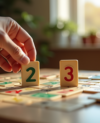 Main tenant deux jetons joker sur un plateau de Rummikub lumineux