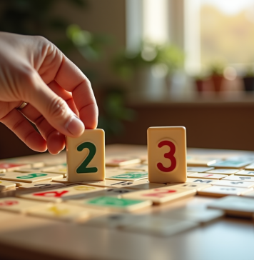 Main tenant deux jetons joker sur un plateau de Rummikub lumineux