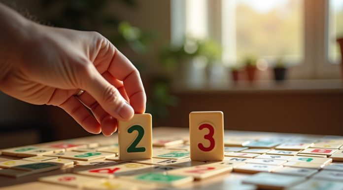 Main tenant deux jetons joker sur un plateau de Rummikub lumineux