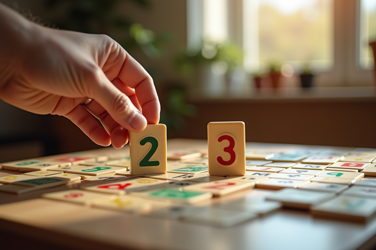 Main tenant deux jetons joker sur un plateau de Rummikub lumineux