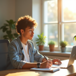 Jeune entrepreneur travaillant dans un bureau lumineux et moderne