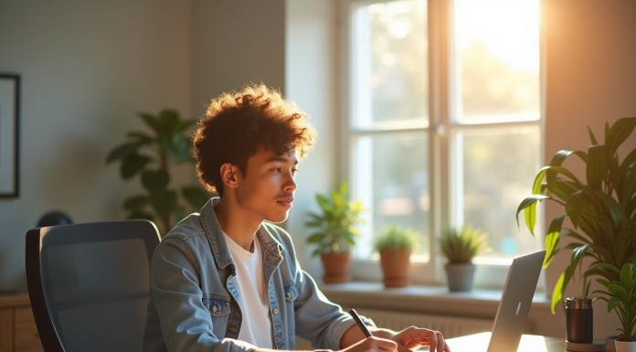 Jeune entrepreneur travaillant dans un bureau lumineux et moderne