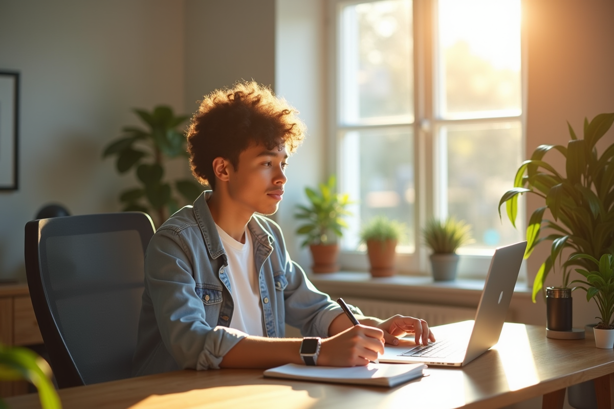 Jeune entrepreneur travaillant dans un bureau lumineux et moderne