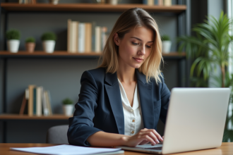 Jeune femme en bureau moderne travaillant sur son ordinateur