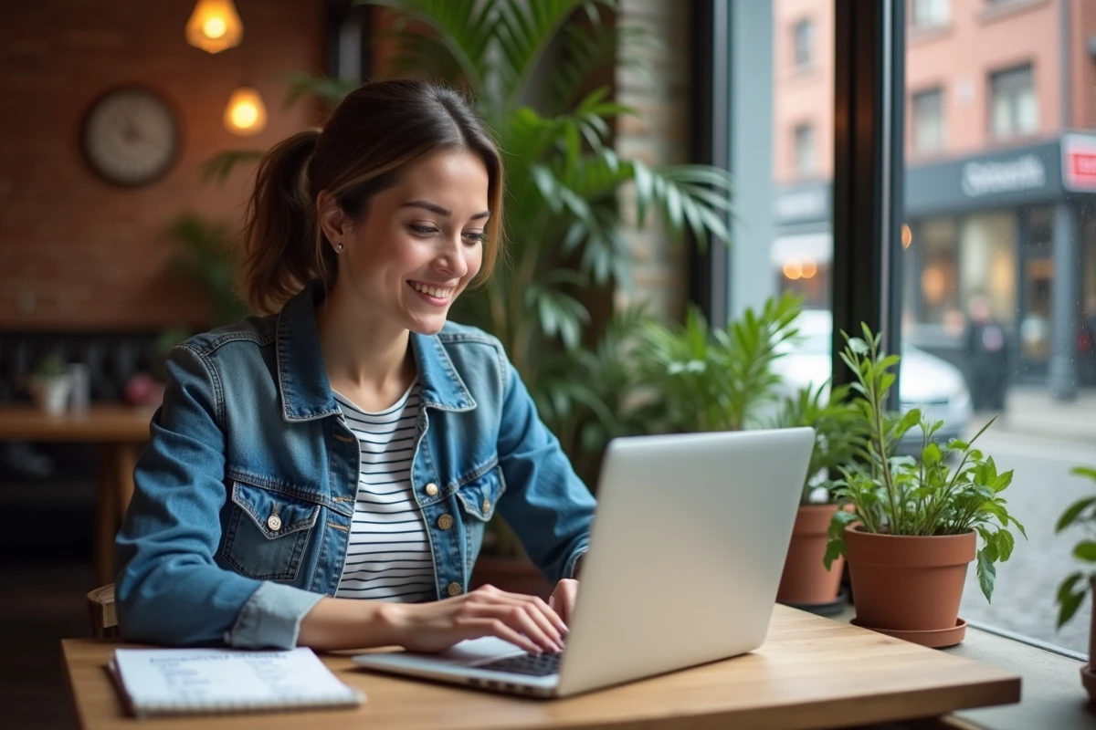 Jeune femme au café travaillant sur son ordinateur portable
