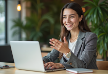 Jeune femme en coworking avec ordinateur et plantes