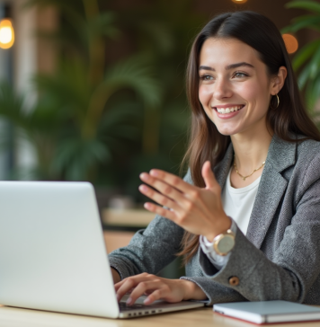 Partenariats influenceurs : boostez votre visibilité en ligne ! Jeune femme en coworking avec ordinateur et plantes