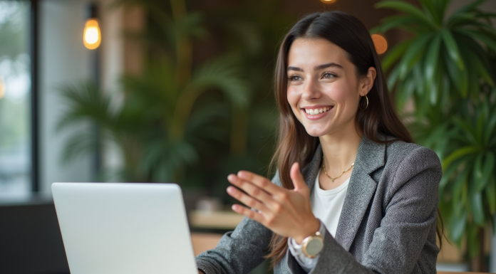 Jeune femme en coworking avec ordinateur et plantes