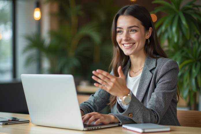 Jeune femme en coworking avec ordinateur et plantes