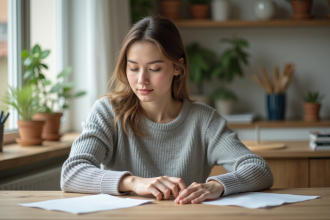 Jeune femme examine un pull en laine gris clair