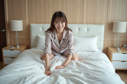 Jeune femme en pyjama faisant son lit dans une chambre moderne