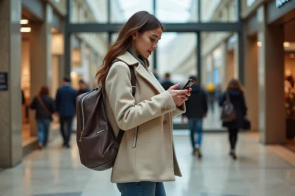 Jeune femme regardant son téléphone devant Montparnasse