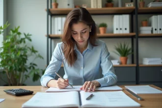 Jeune femme en bureau notant des mesures dans un carnet
