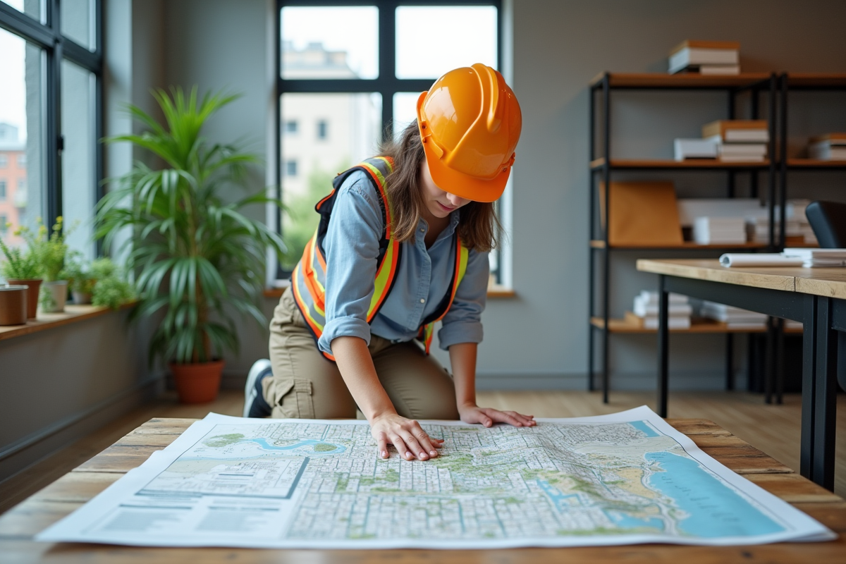 Jeune femme avec carte dans bureau d urbanisme