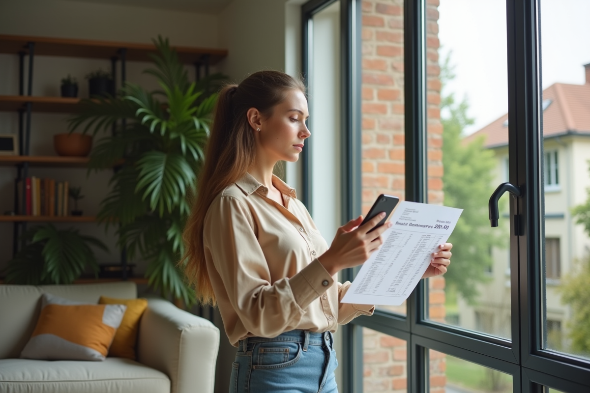 Jeune femme regardant son smartphone dans un salon cosy