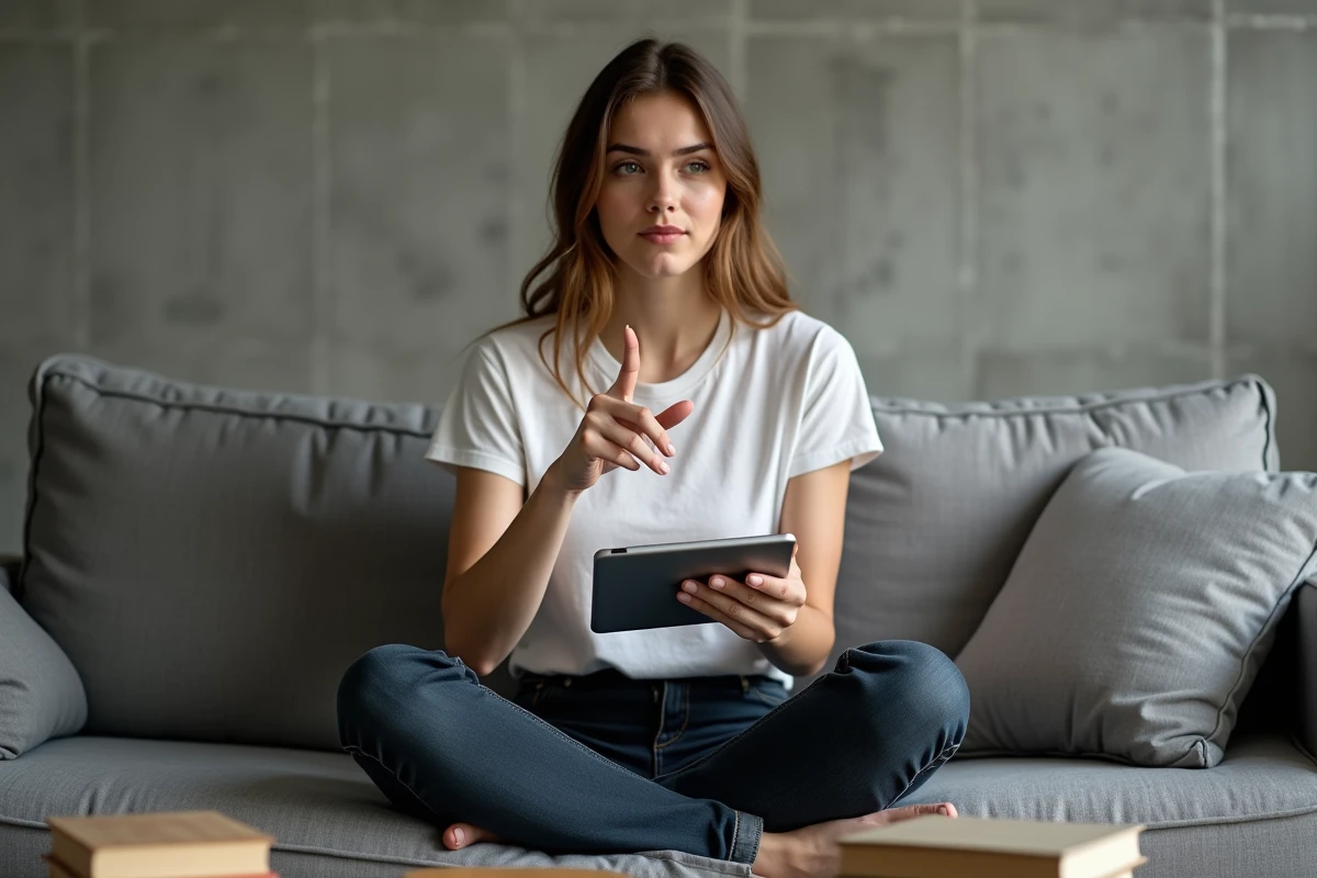 Jeune femme sur un canapé consultant une liste de liens d'ebooks sur une tablette, à la recherche d'alternatives après la disparition de Fourtoutici