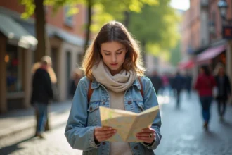Jeune femme à Toulouse examinant une carte en ville