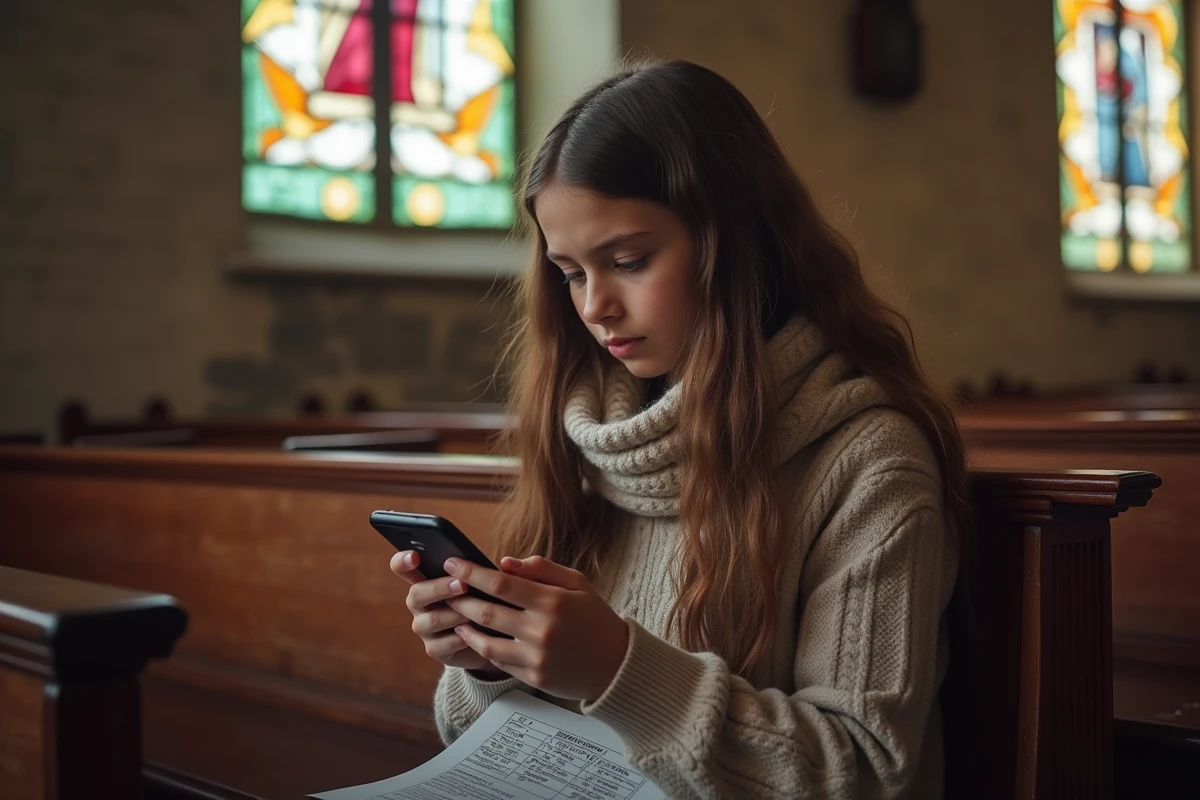 Jeune fille dans une église en Auvergne avec smartphone