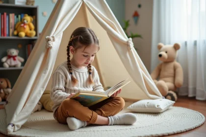 Jeune fille de 6 ans lisant dans un coin lecture cosy