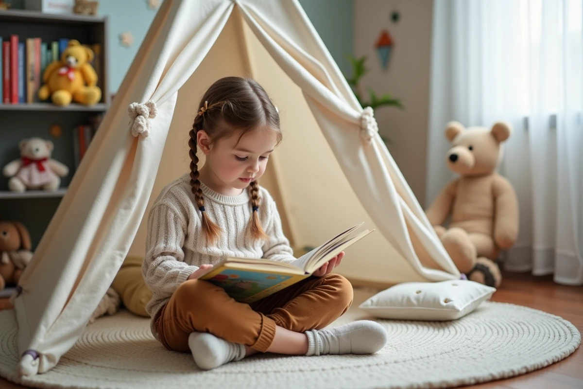Jeune fille de 6 ans lisant dans un coin lecture cosy