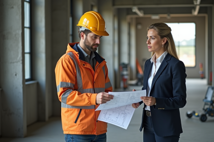 Jeune homme en casque et veste de travail examine des plans