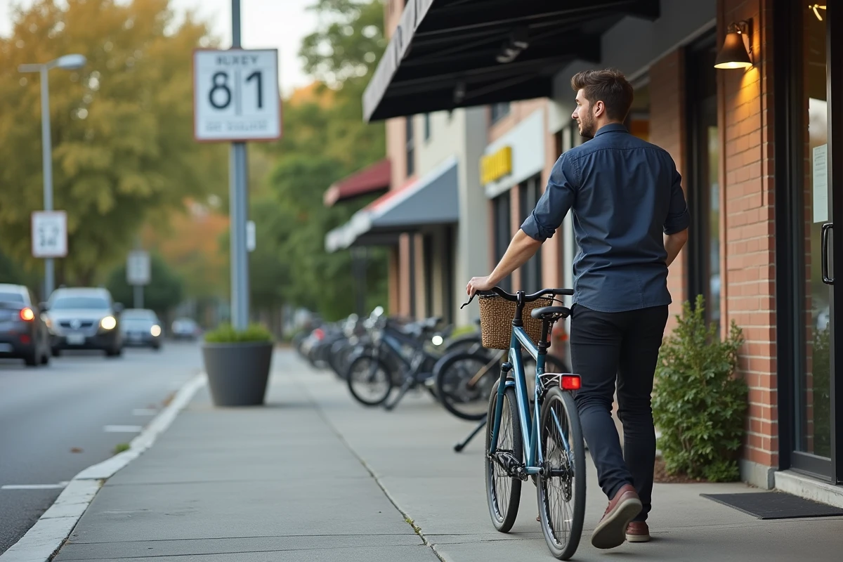 Jeune homme sortant à vélo d’un relais de proximité en extérieur