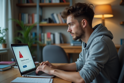 Jeune homme concentré sur son ordinateur avec alerte de securite