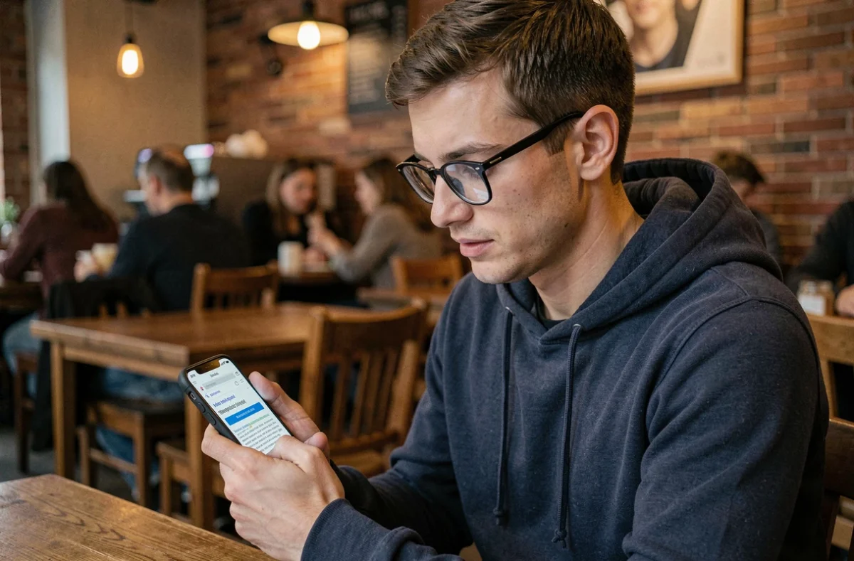 Jeune homme dans un café consultant un site de streaming sur son smartphone avec une URL instable