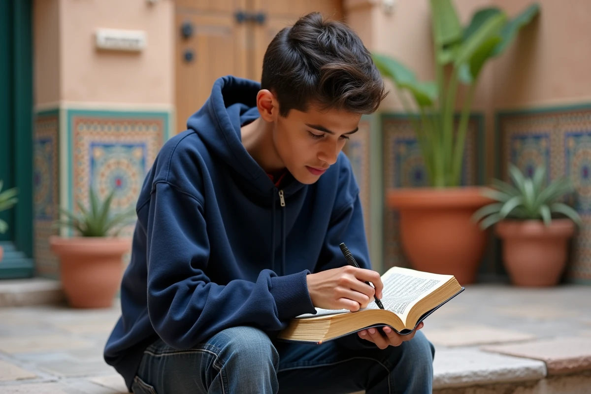 Jeune homme lisant un petit Coran de poche assis sur des marches d'une cour marocaine, illustrant la lecture coranique hors contexte rituel formel