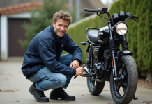 Jeune homme ajustant la chaîne d'une moto 50cc Skyteam en extérieur