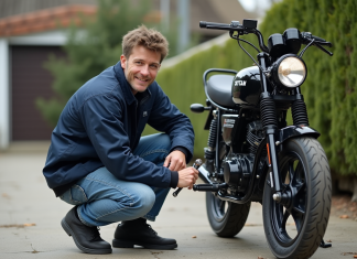 Les meilleures astuces pour optimiser la vitesse de votre moteur 50cc Skyteam Jeune homme ajustant la chaîne d'une moto 50cc Skyteam en extérieur